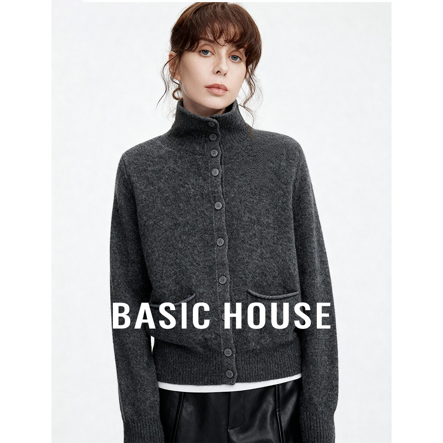 Basic House/百家好灰色立领单排扣毛衣冬新款慵懒绵羊毛开衫上衣