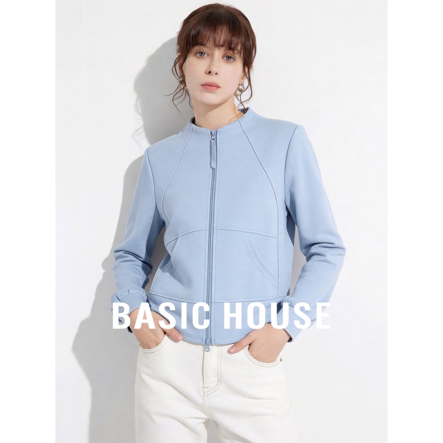 Basic House/百家好简约运动蓝色立领拉链卫衣女宽松开衫短款外套