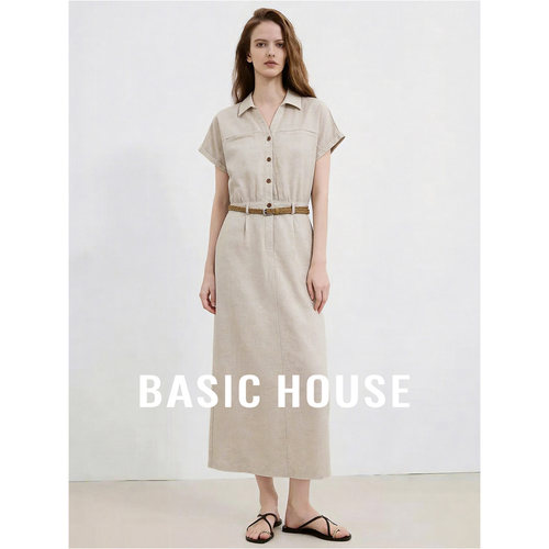 Basic House/百家好莱赛尔收腰A字连衣裙女夏季显瘦中长裙高级感