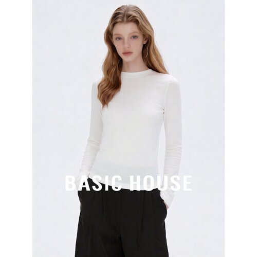 Basic House/百家好极简莱赛尔桑蚕丝圆领T恤女白色修身显瘦上衣