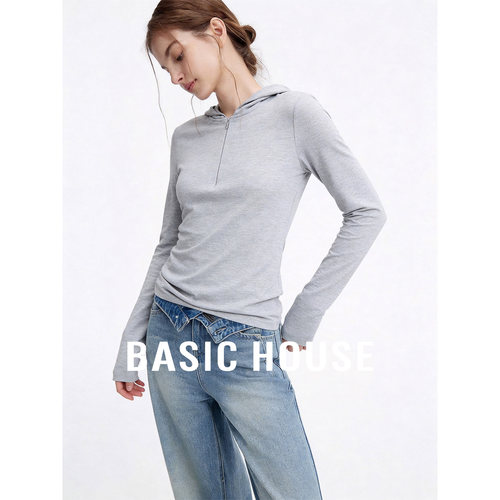 Basic House/百家好桑蚕丝纯色连帽长袖T恤春季新款休闲百搭上衣