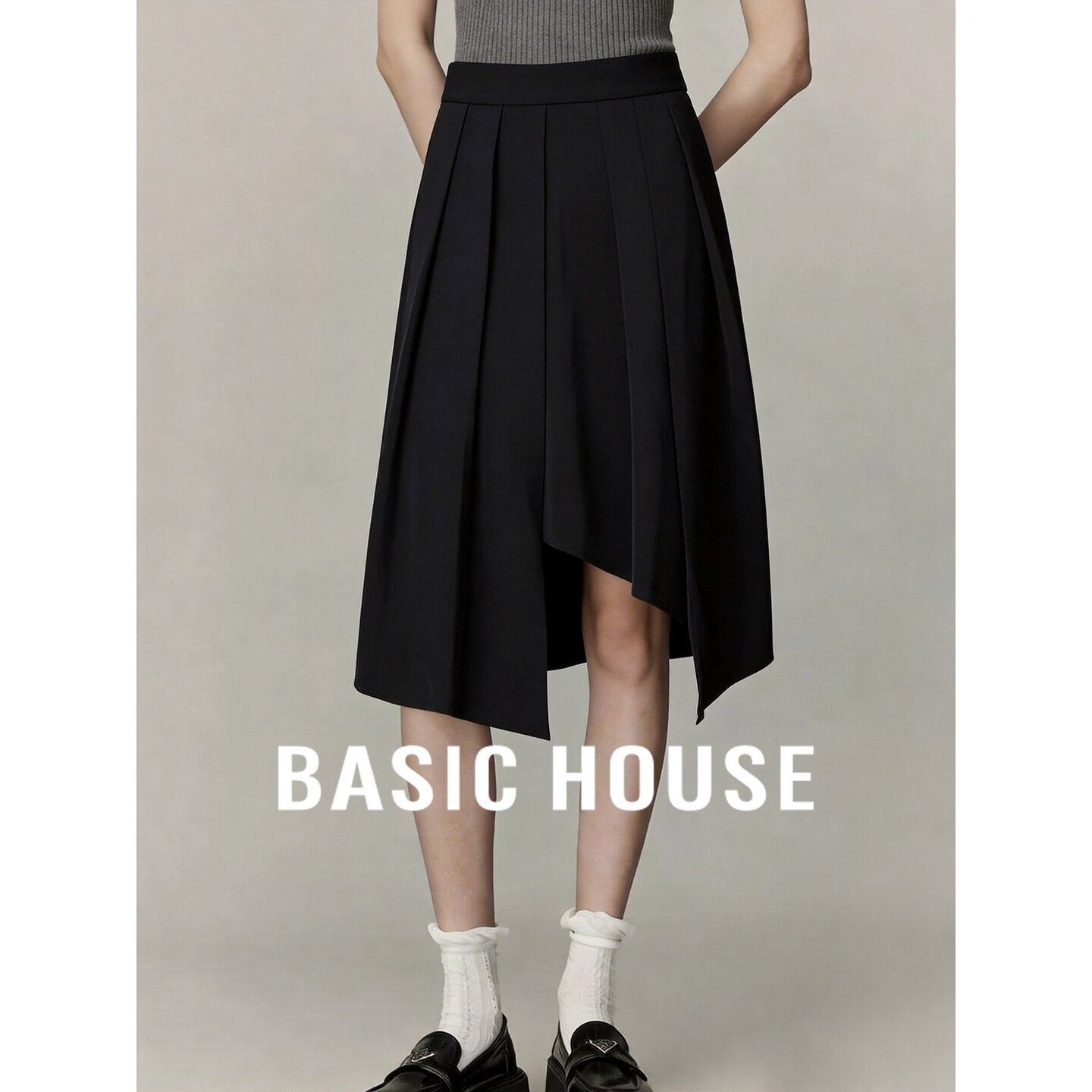 Basic House/百家好黑色不规则A字半身裙女气质高腰中长款百褶裙