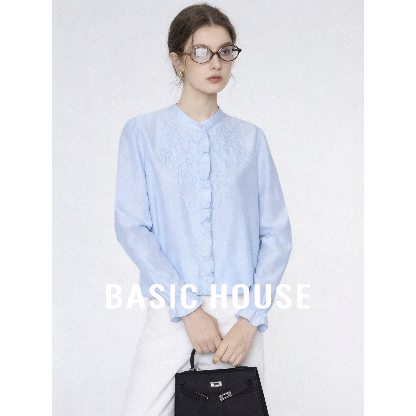 Basic House/百家好知性风刺绣衬衫女长袖百搭小众设计高级感衬衣