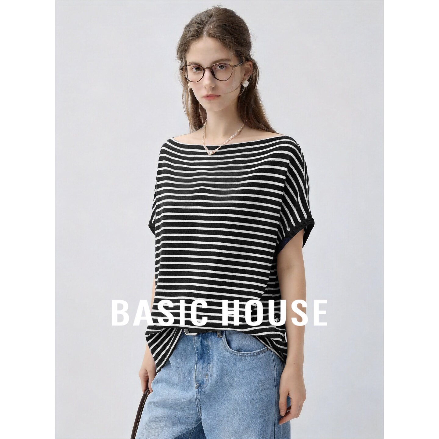 Basic House/百家好一字领露肩短袖针织衫女2026夏莱赛尔凉感T恤