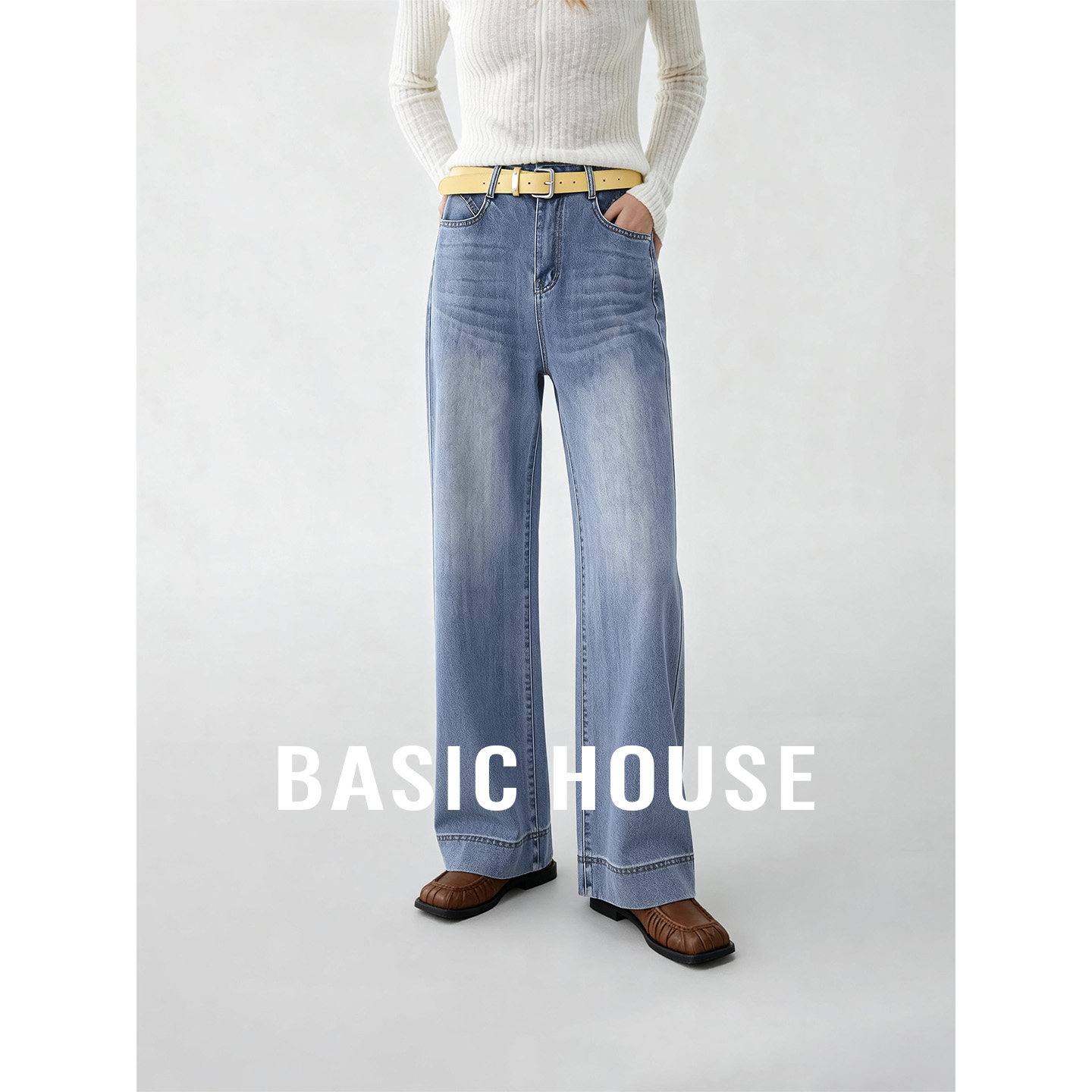Basic House/百家好秋季新款高腰带腰带直筒牛仔裤宽松显瘦长裤子