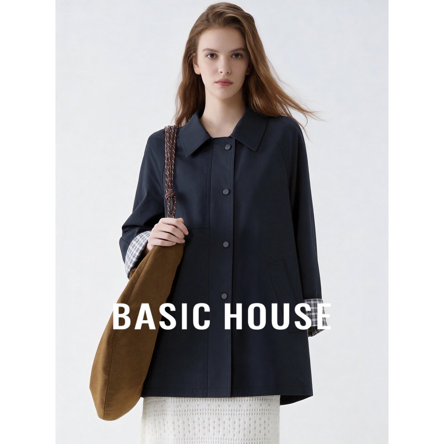 Basic House/百家好莱赛尔拼接袖口翻领宽松长袖外套女早秋穿搭