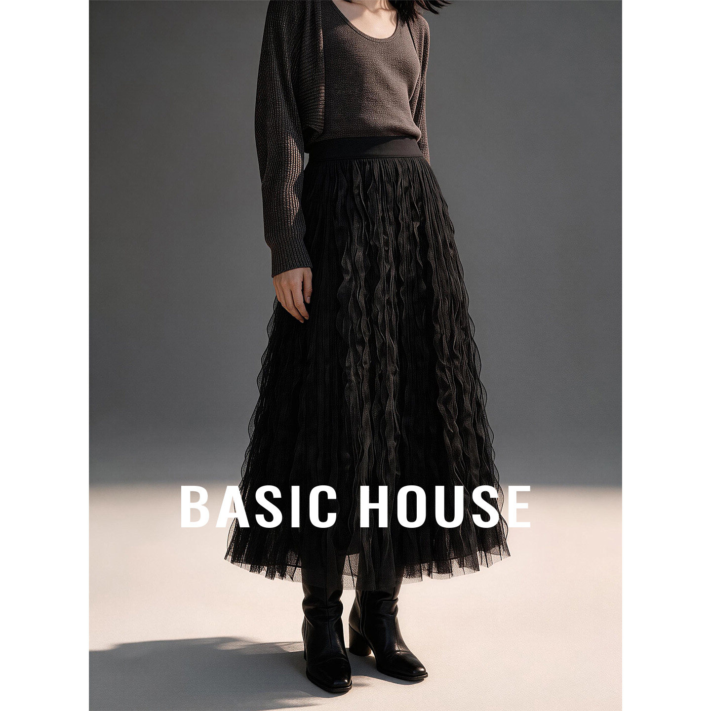 Basic House/百家好纯色松紧腰大裙摆半身裙春季新款百搭长款裙子
