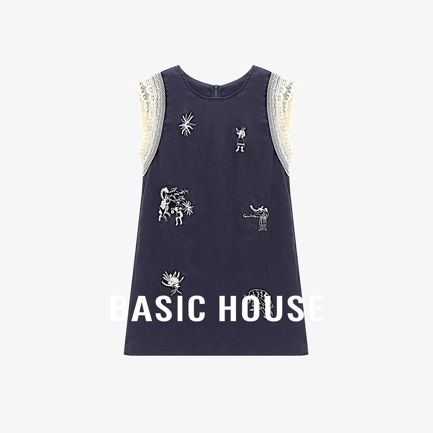 Basic House/百家好复古刺绣蕾丝袖边女夏无袖亚麻连衣裙宽松裙子
