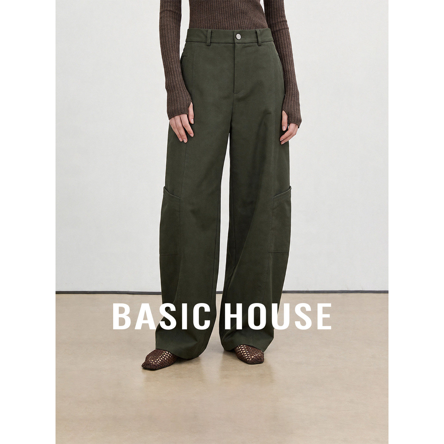 Basic House/百家好军绿色高级工装休闲裤女夏季直筒百搭阔腿裤