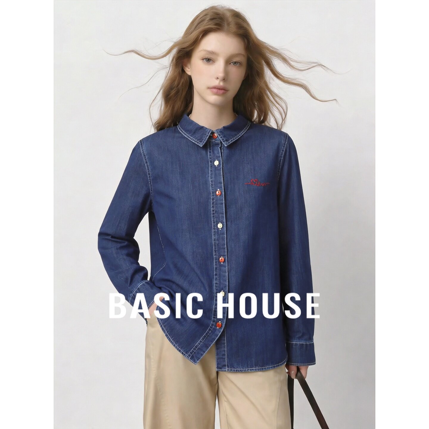 Basic House/百家好牛仔衬衫女长袖宽松显瘦设计感纽扣上衣百搭秋