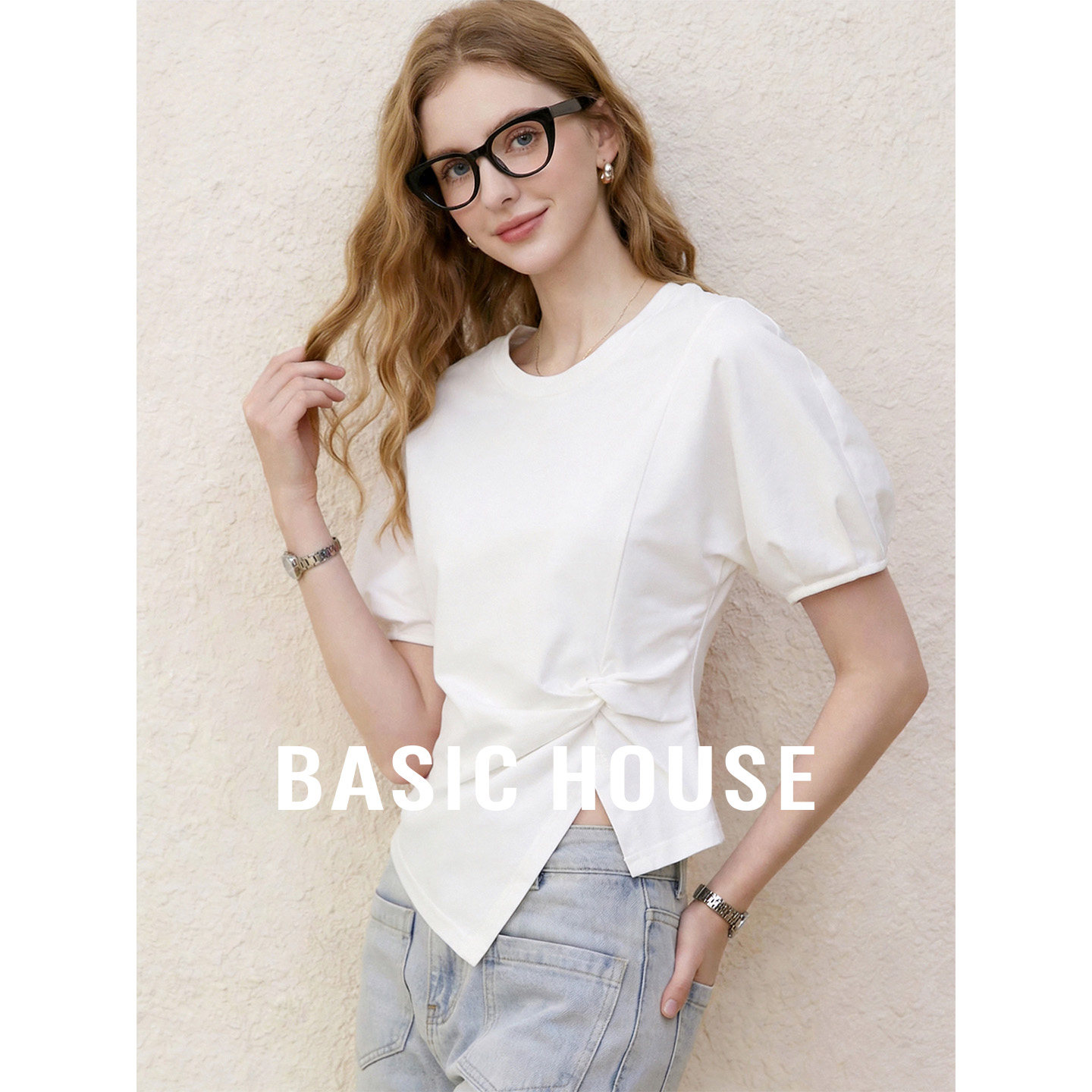 Basic House/百家好白色扭结泡泡袖短袖T恤女百搭收腰不规则上衣