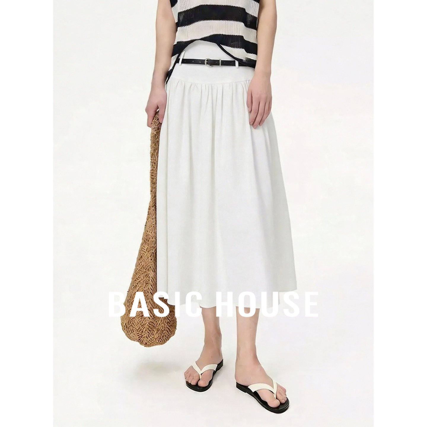 Basic House/百家好极简风白色半身裙女2026夏季亚麻中长款A字裙