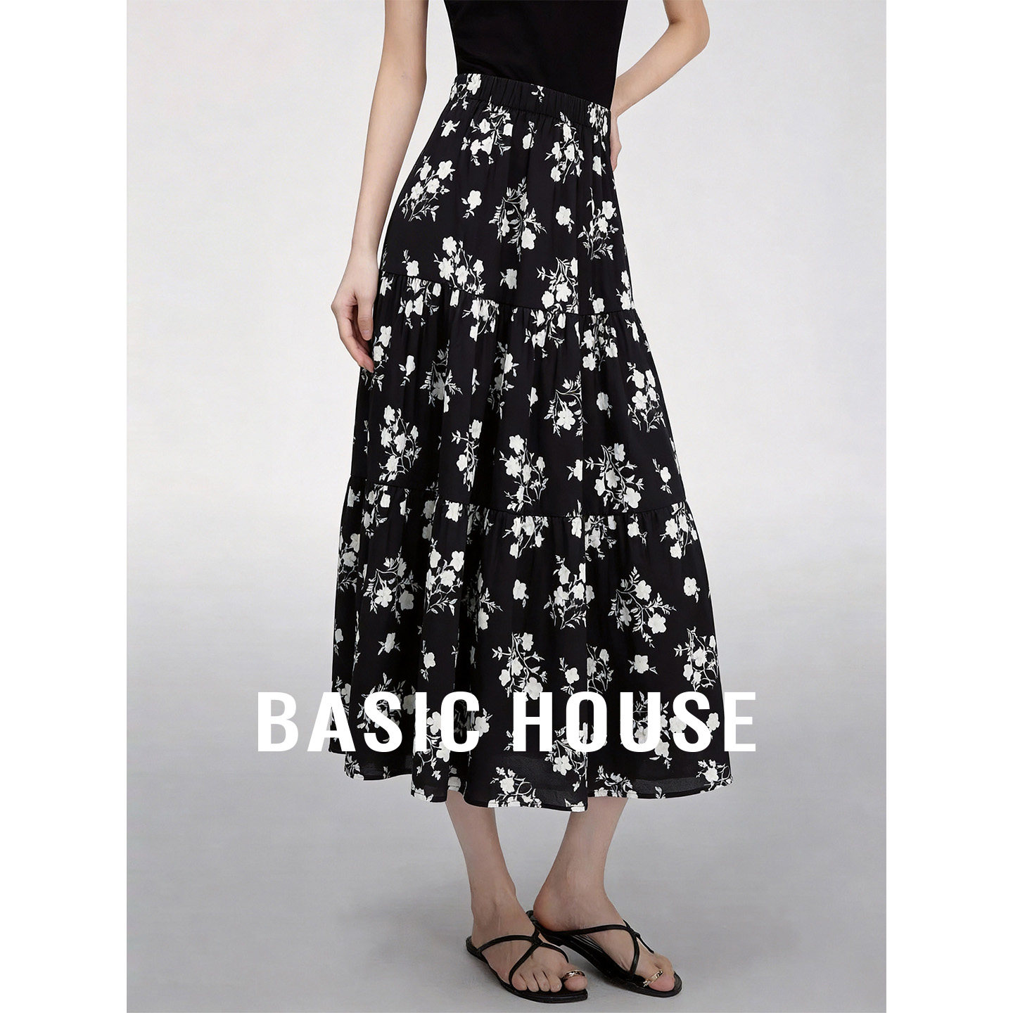 Basic House/百家好复古撞色碎花半身裙女夏季松紧腰A字中长款裙