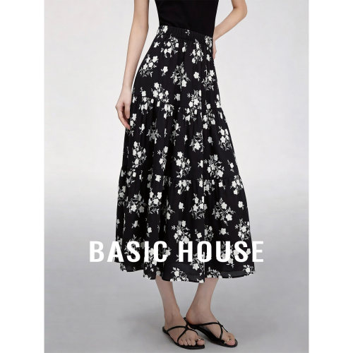 Basic House/百家好复古撞色碎花半身裙女夏季松紧腰A字中长款裙