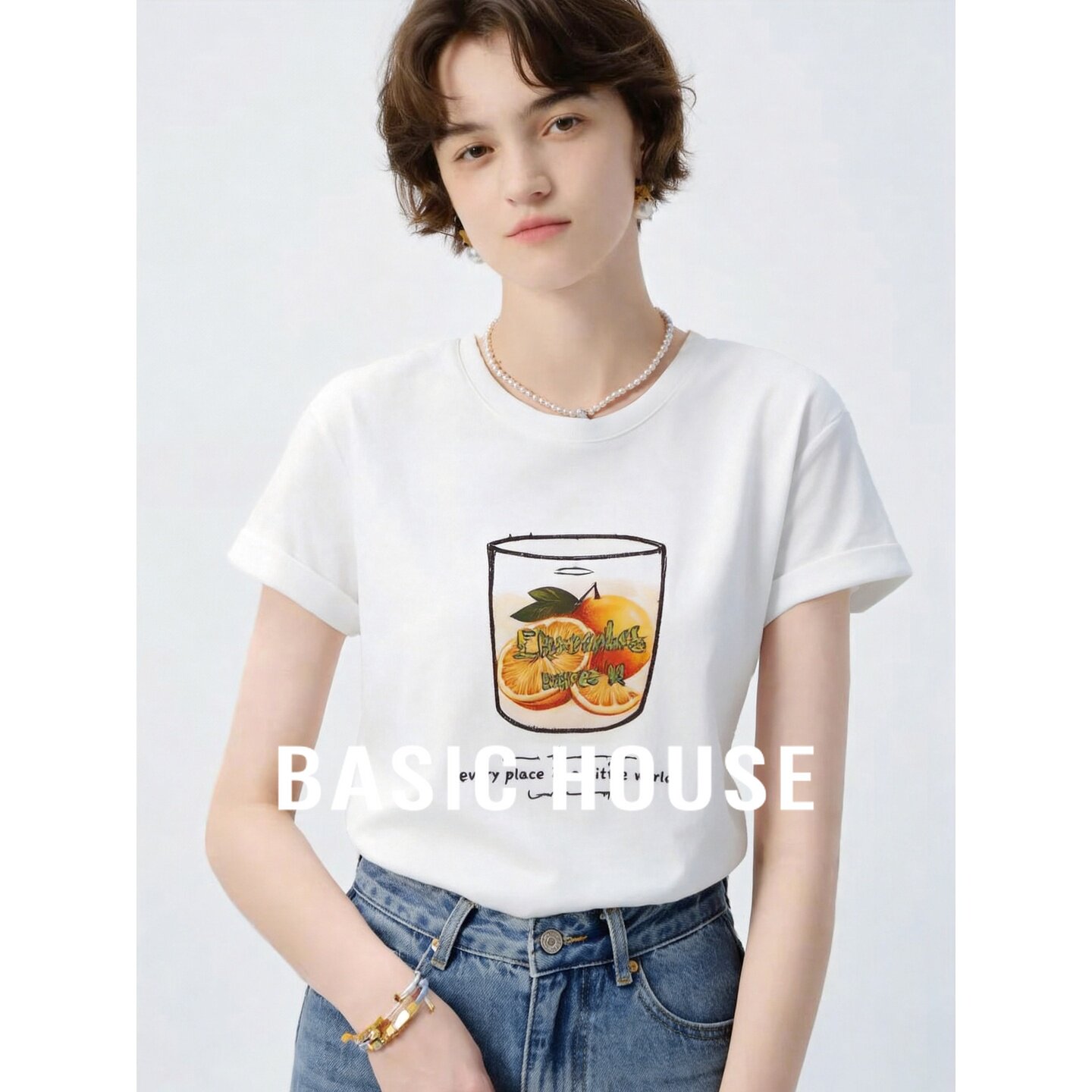 Basic House/百家好白色时尚橘子印花图案短袖通勤百搭休闲T恤女