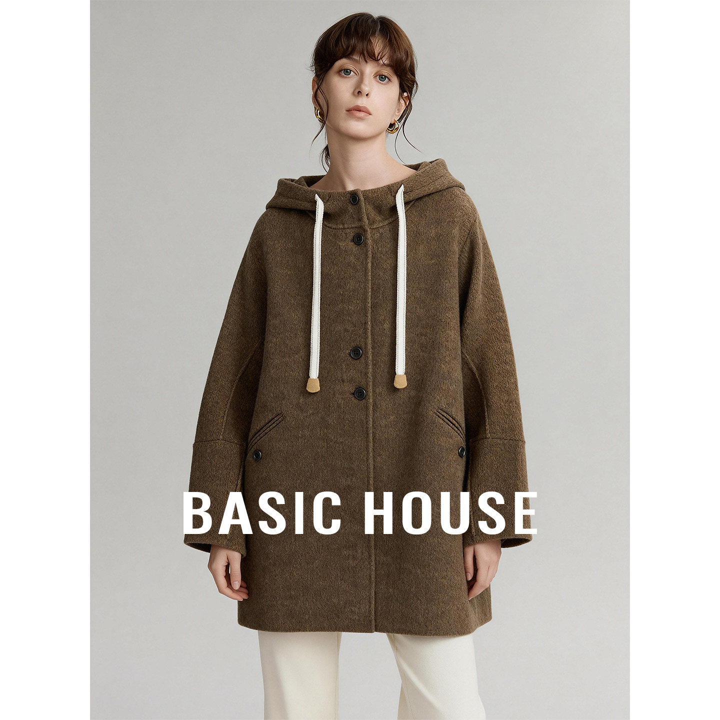 Basic House/百家好连帽抽绳单排扣双面呢大衣女冬季保暖百搭外套,女装/女士精品,毛呢外套,淘宝优惠券,粉丝福利购,淘宝优惠卷