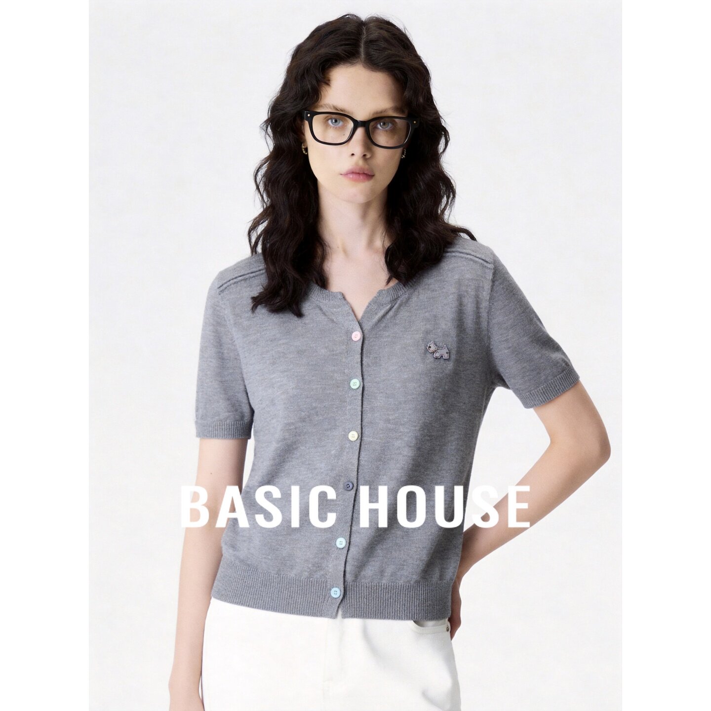 Basic House/百家好灰色彩扣设计针织开衫女2026夏季薄款透气外搭