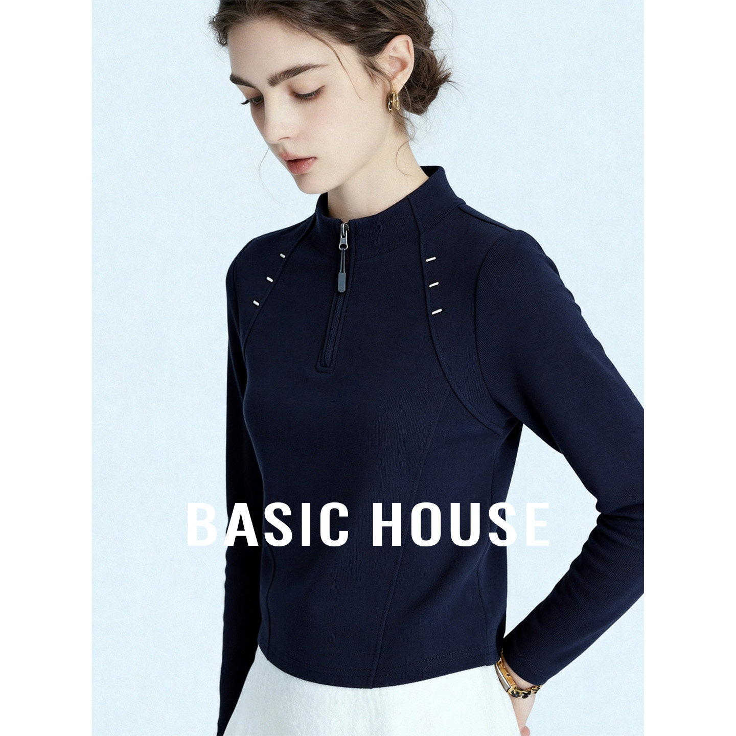 Basic House/百家好藏蓝色百搭长袖内搭女春季新款超好看休闲上衣