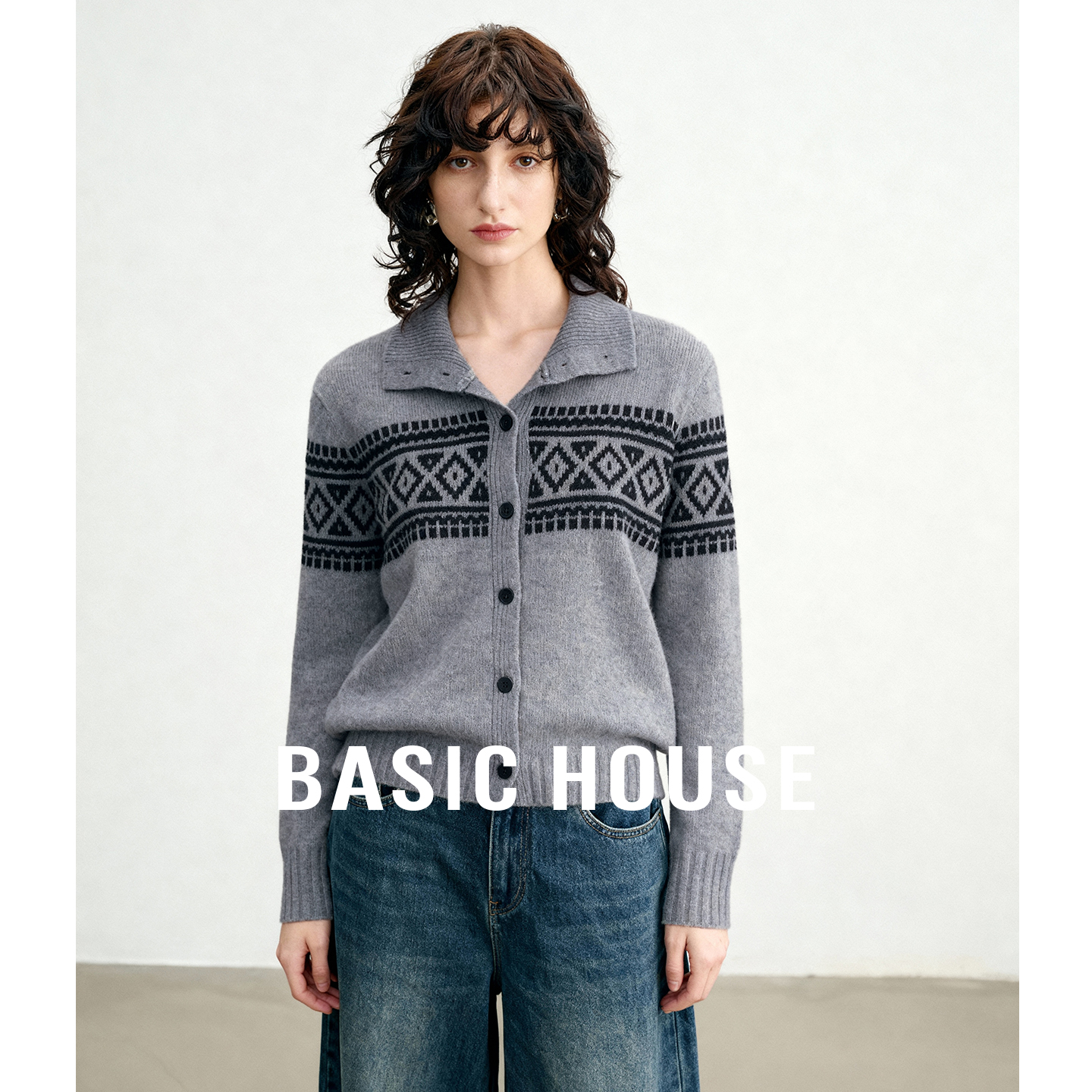 Basic House/百家好秋冬提花翻领开衫女宽松保暖百搭通勤羊毛上衣