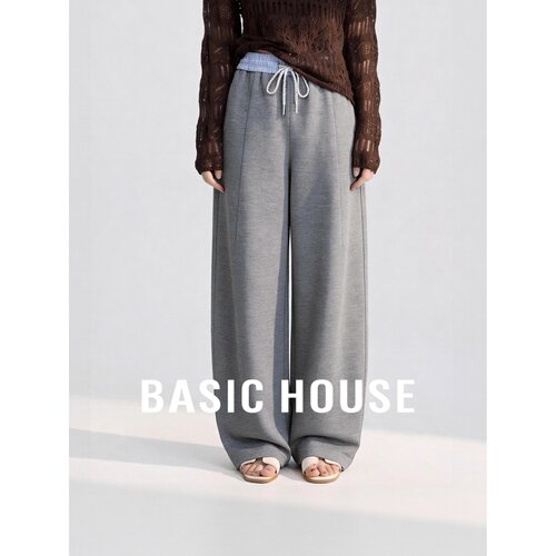 Basic House/百家好极简阔腿裤女灰色系带宽松垂感休闲百搭直筒裤