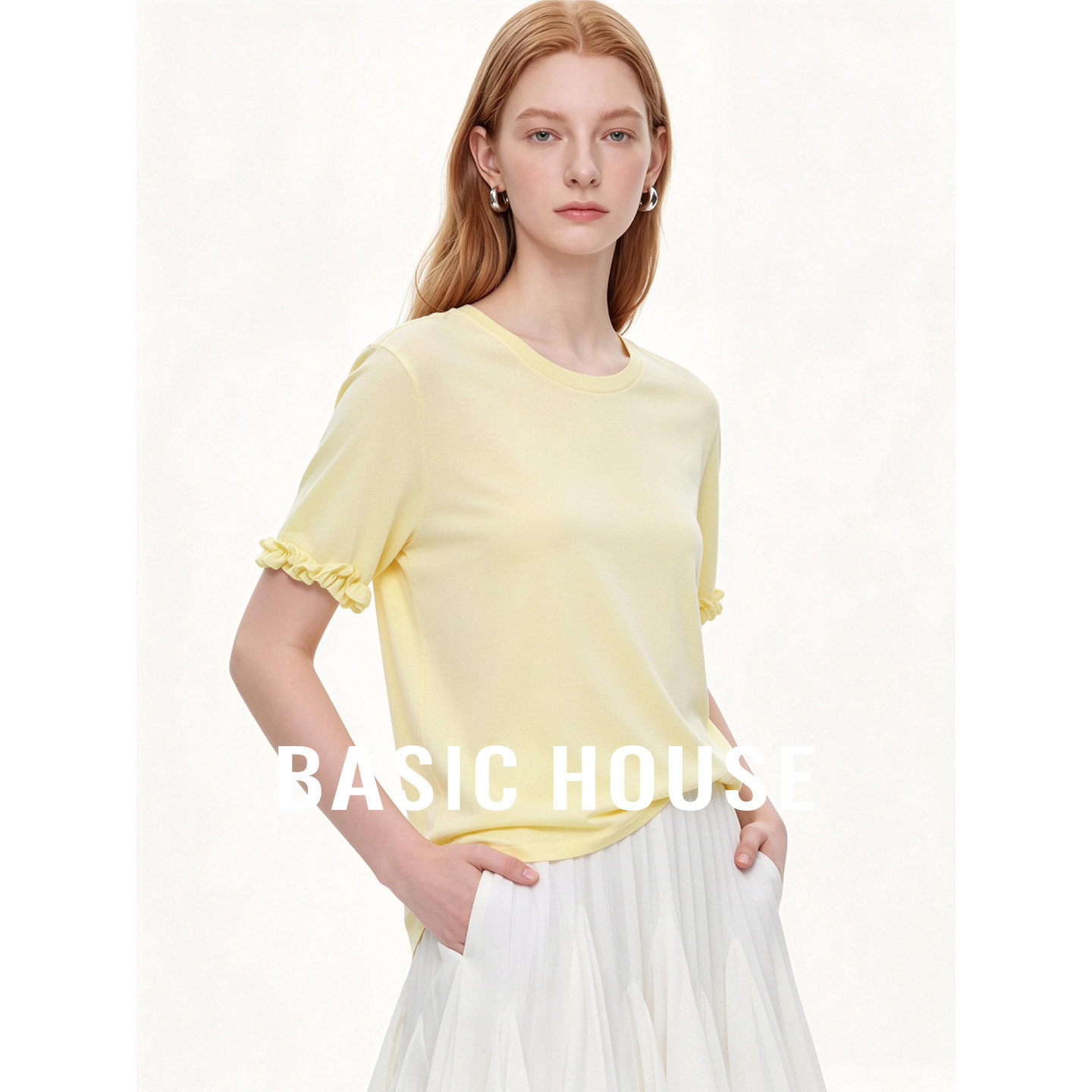 Basic House/百家好莱赛尔纯色圆领短袖针织衫轻薄木耳边宽松上衣
