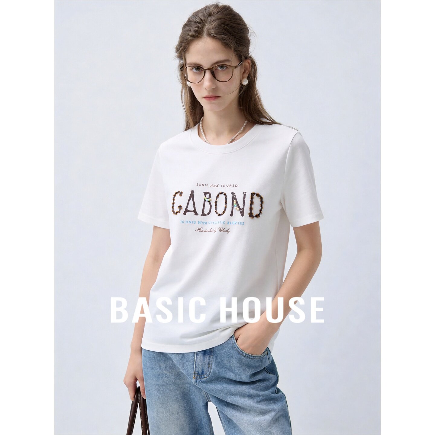 Basic House/百家好美式字母印花短袖T恤女夏季白色简约宽松上衣