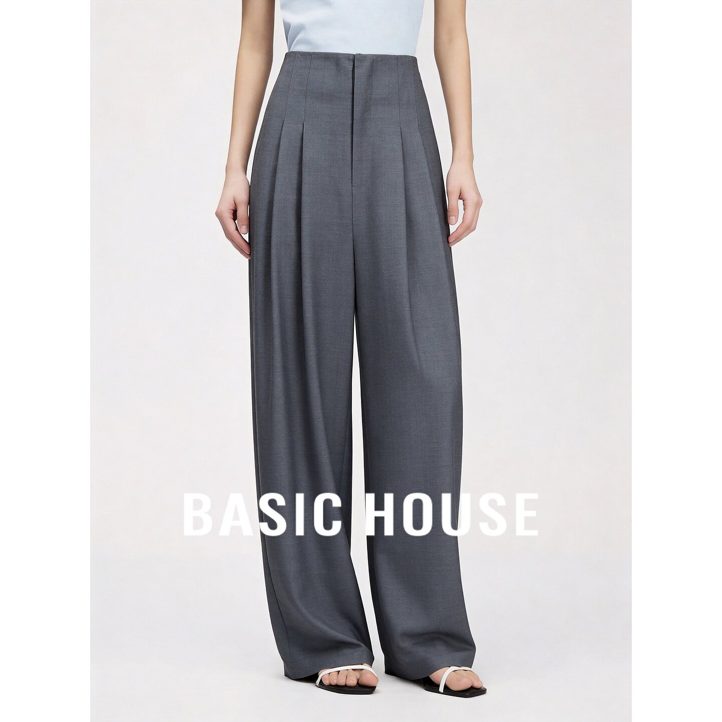 Basic House/百家好高级灰高腰阔腿西装裤女宽松显瘦百搭休闲裤