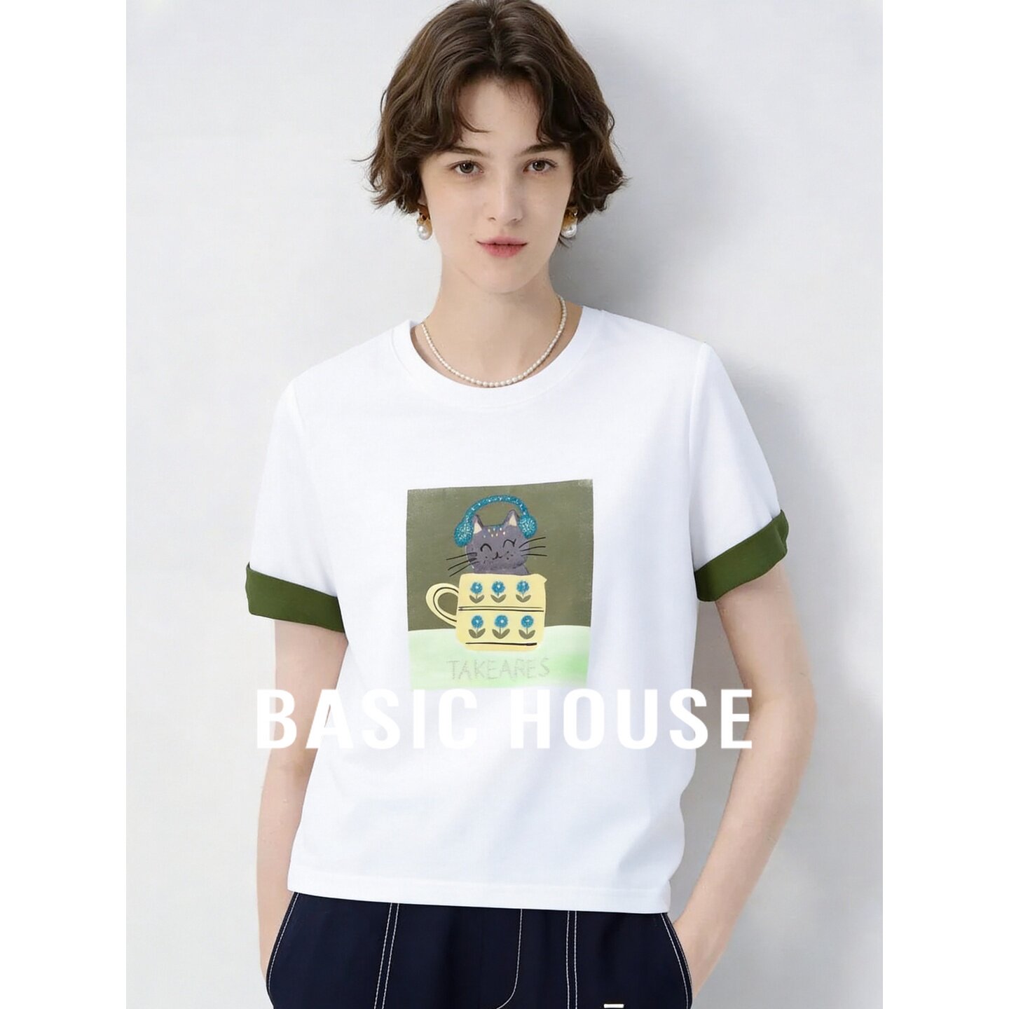 Basic House/百家好卡通风白色短袖T恤女26夏季撞色袖口圆领上衣