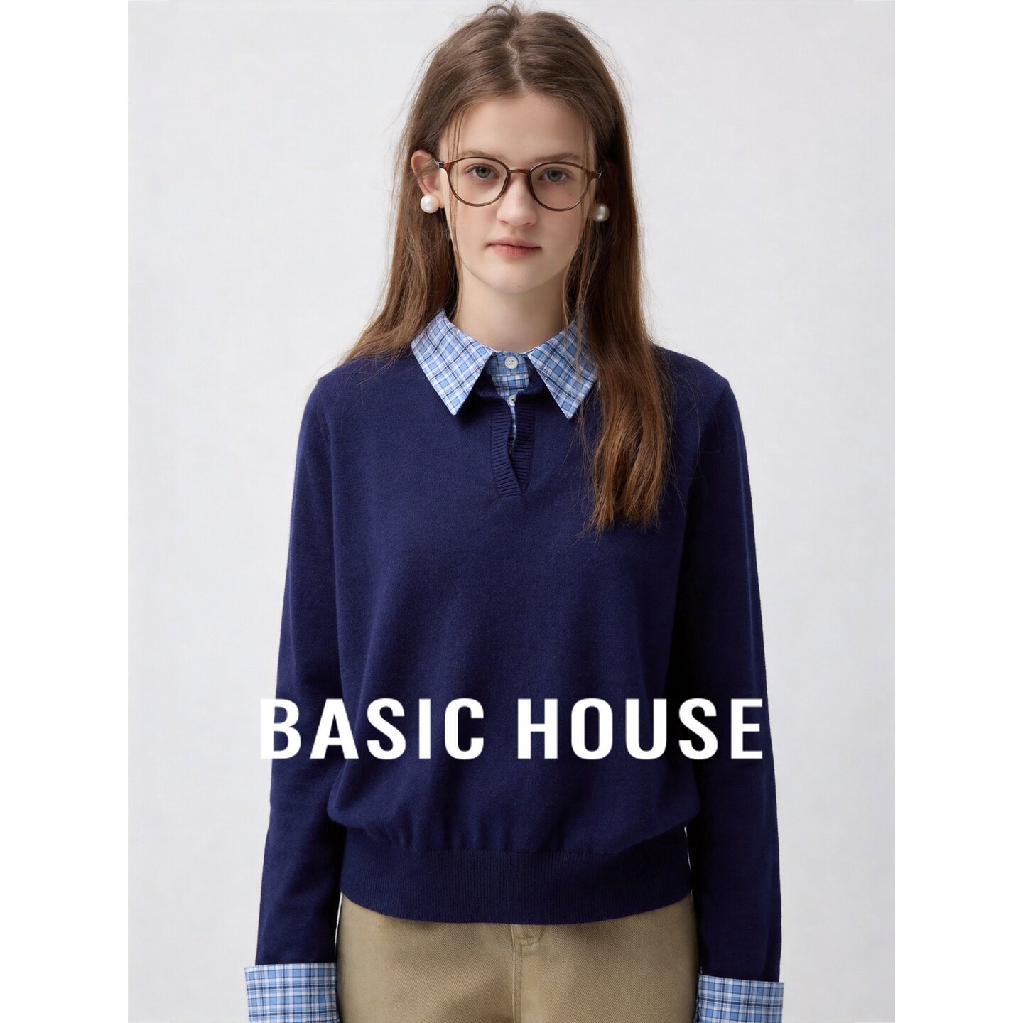 Basic House/百家好学院风假两件撞色针织衫女秋韩系休闲拼接上衣