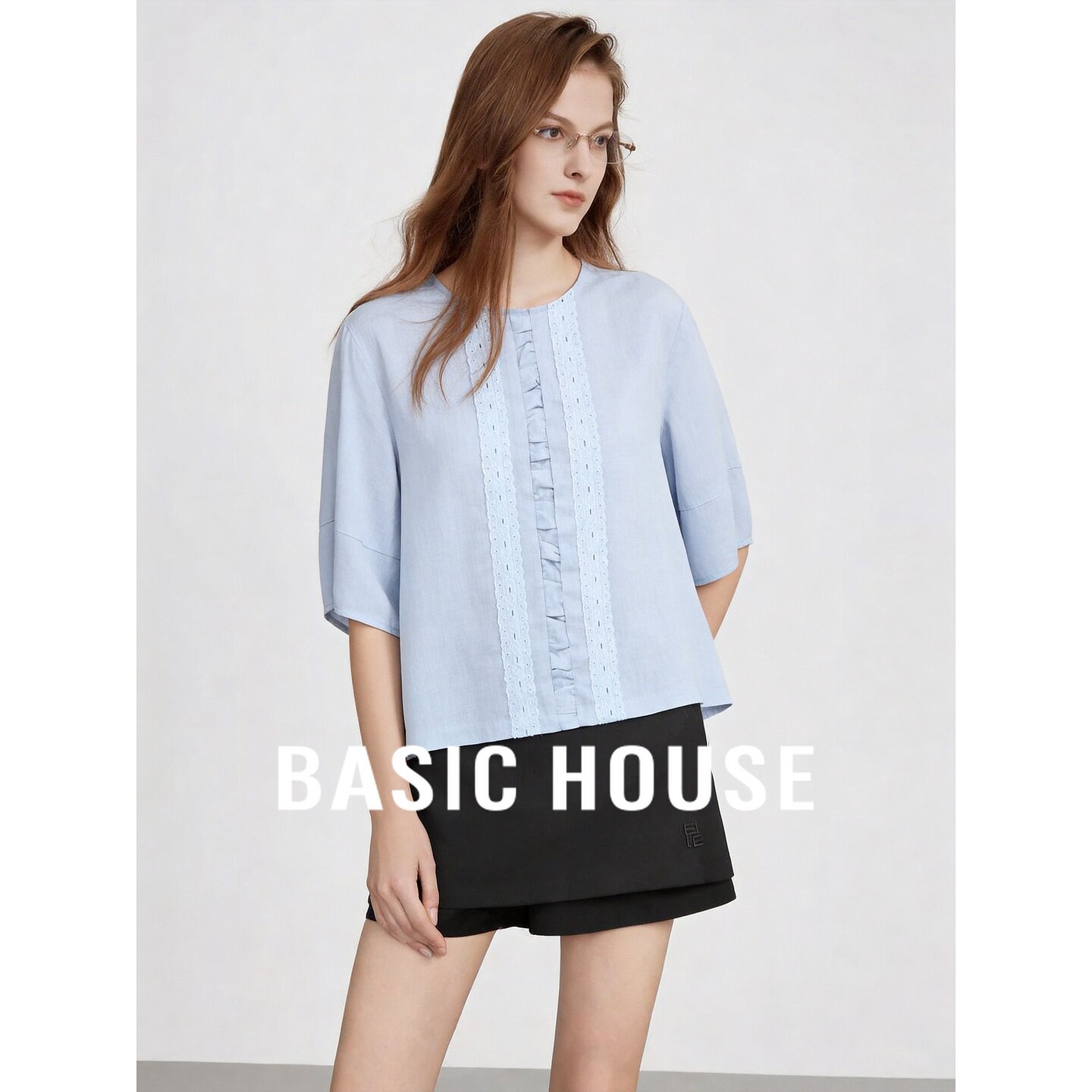 Basic House/百家好法式蕾丝拼接亚麻衬衫女中袖宽松上衣夏季清新
