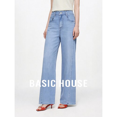 Basic House/百家好阔腿牛仔裤女蓝色直筒长裤显瘦显高百搭修身