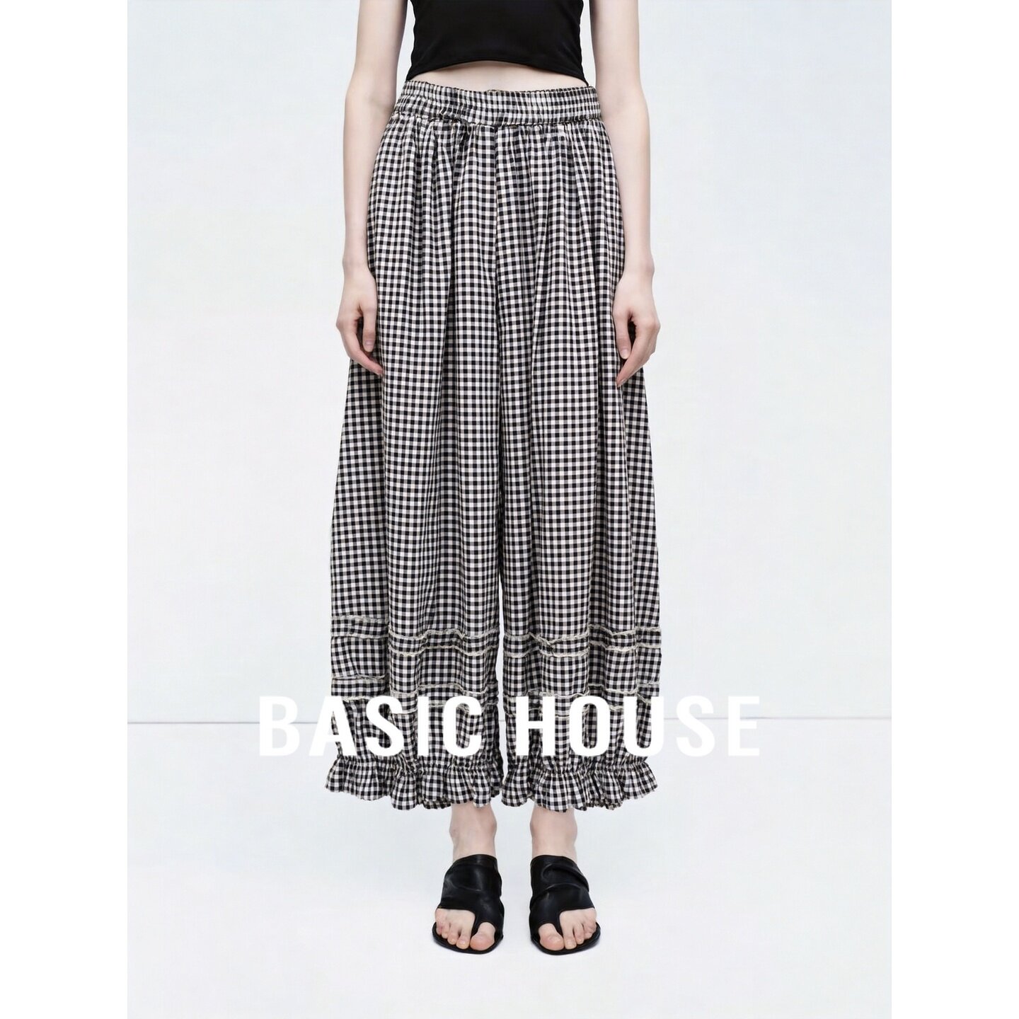 Basic House/百家好黑白格纹阔腿裤女夏宽松时尚木耳边显瘦休闲裤