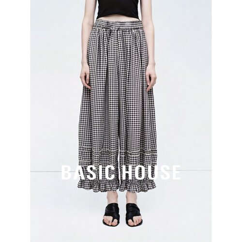 Basic House/百家好黑白格纹阔腿裤女夏宽松时尚木耳边显瘦休闲裤