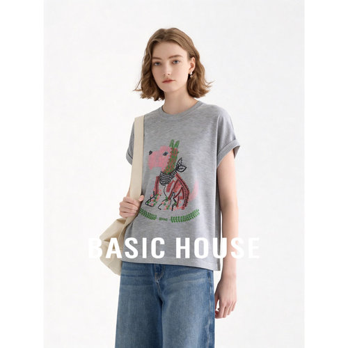 Basic House/百家好卡通印花短袖T恤女夏百搭显瘦小众设计感上衣