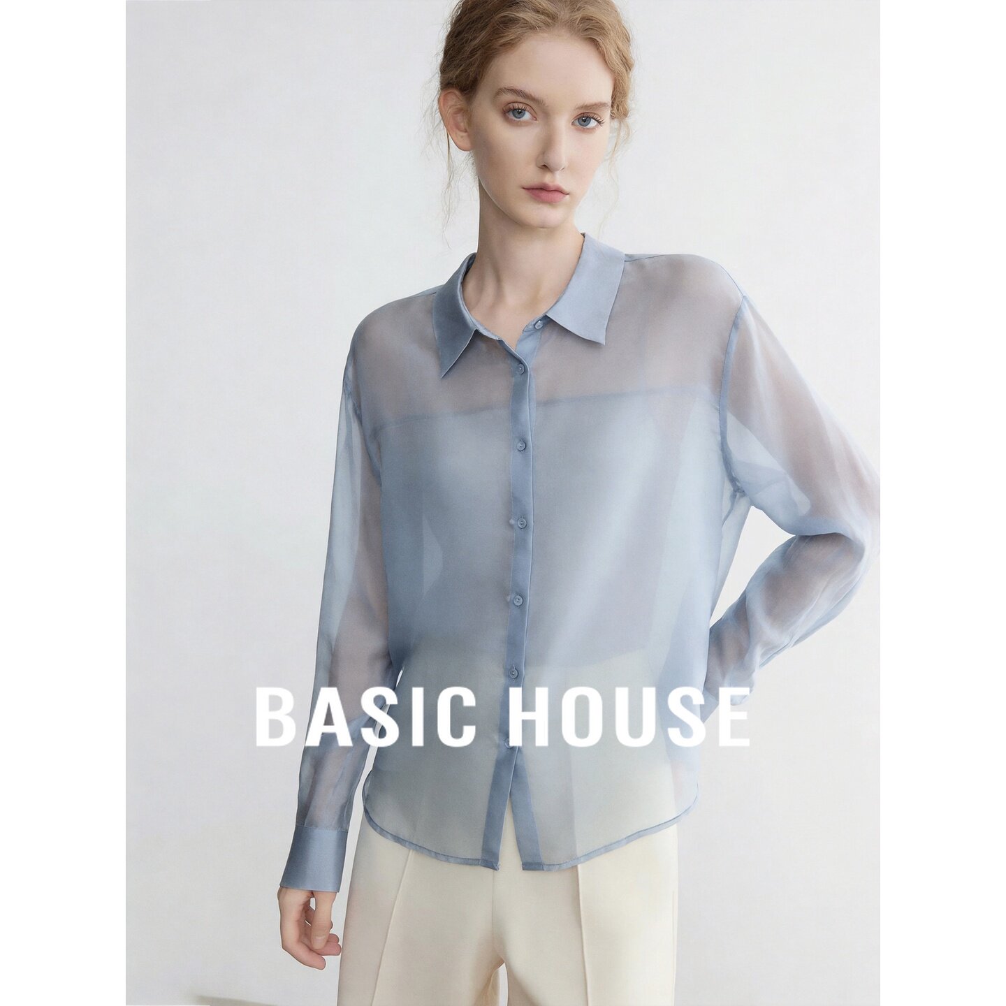 Basic House/百家好2026秋季纯桑蚕丝翻领纱网宽松优雅风长袖衬衫