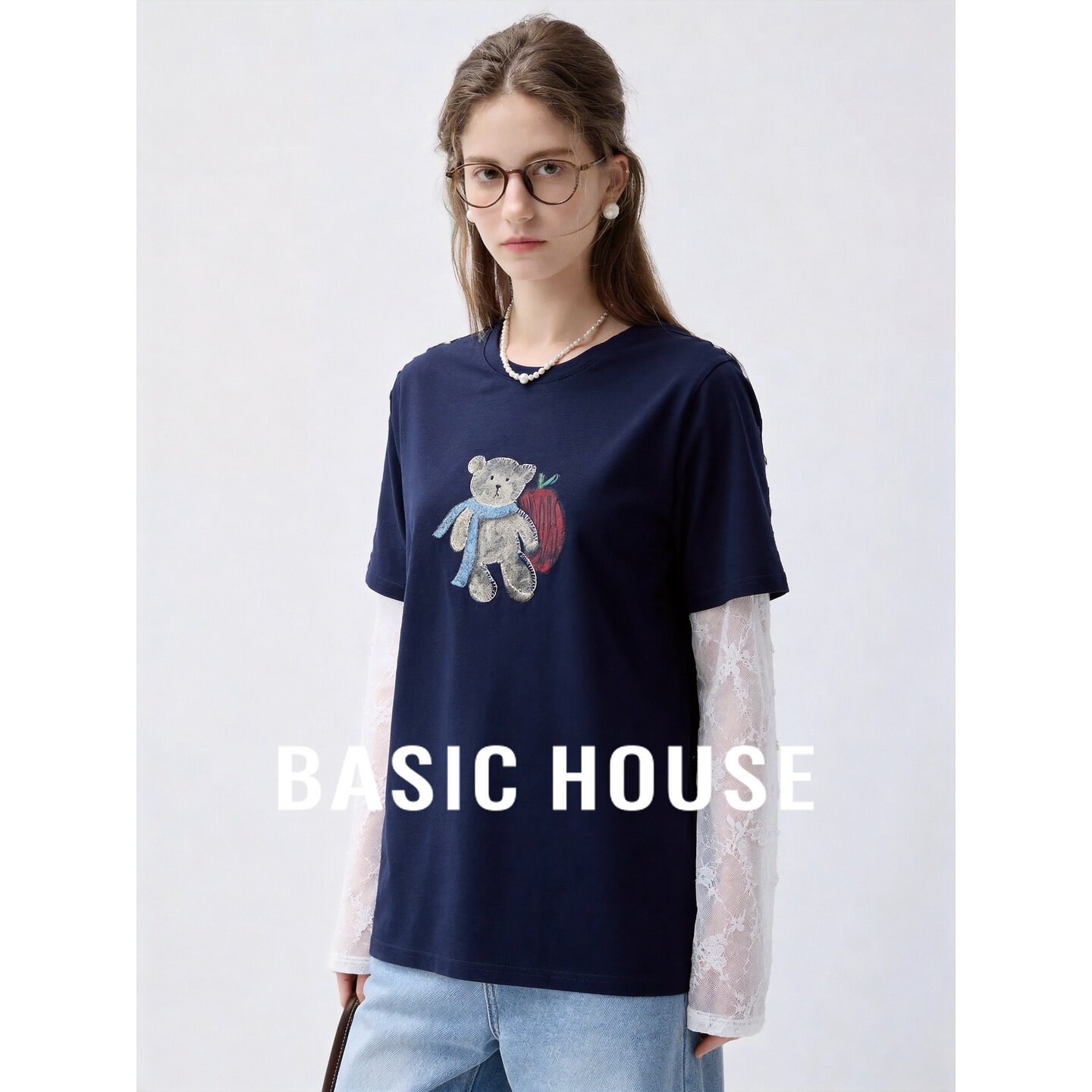 Basic House/百家好韩式可爱小熊印花短袖T恤女夏季灰色宽松上衣
