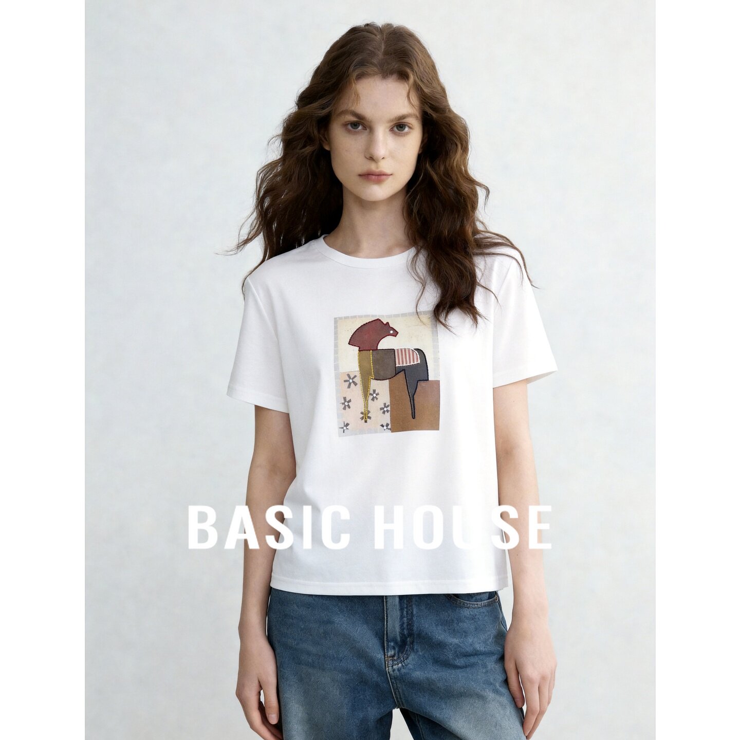 Basic House/百家好2026夏纯色正肩百搭短袖T恤女印花超好看上衣