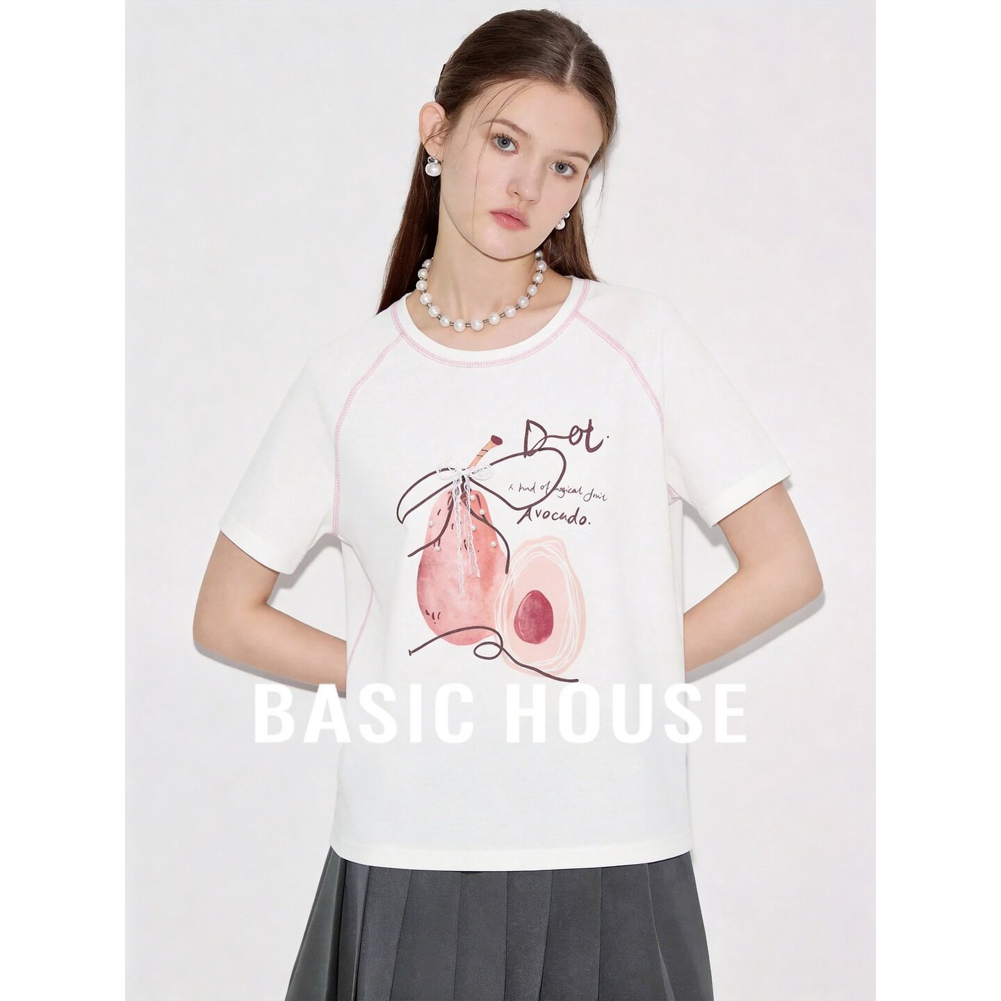 Basic House/百家好简约清新白色短袖T恤女夏季卡通印花圆领上衣