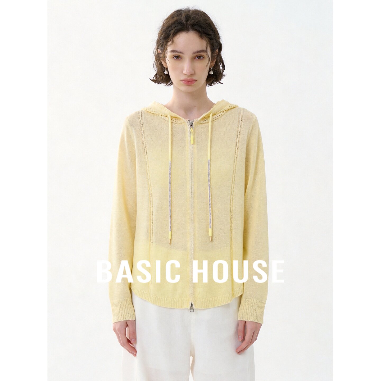 Basic House/百家好2026夏季黄色连帽抽绳针织开衫女薄款透气外搭
