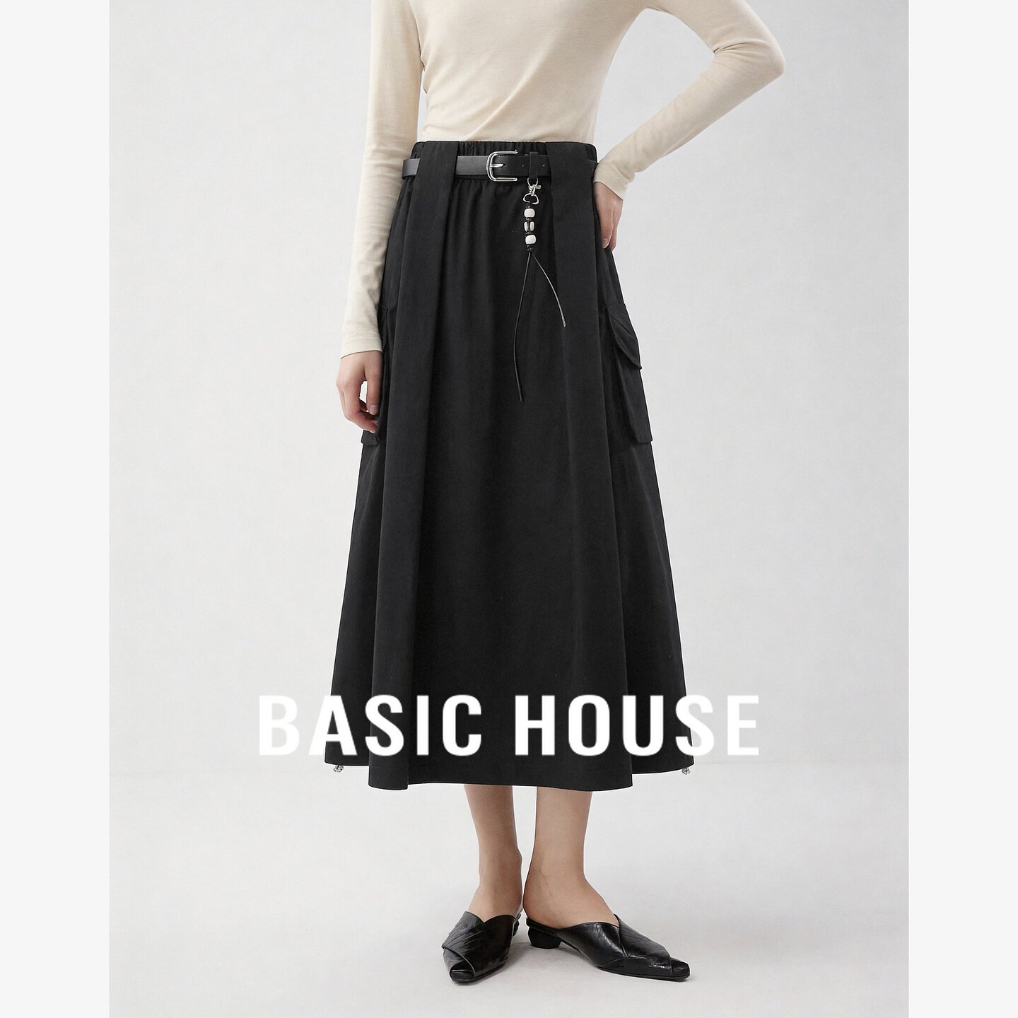 Basic House/百家好复古工装风高腰半身裙女中长款A字裙腰带装饰