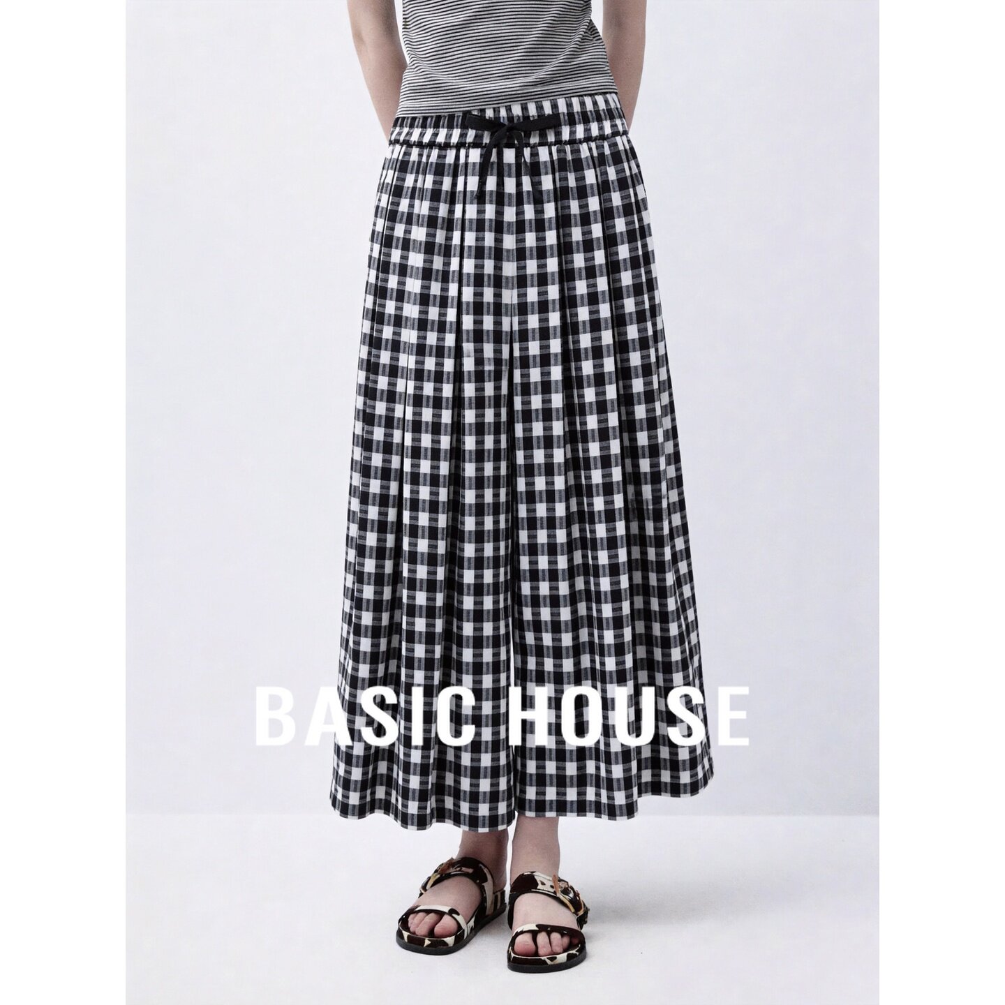 Basic House/百家好高腰格子阔腿裤女夏黑色系带休闲长裤显瘦百搭
