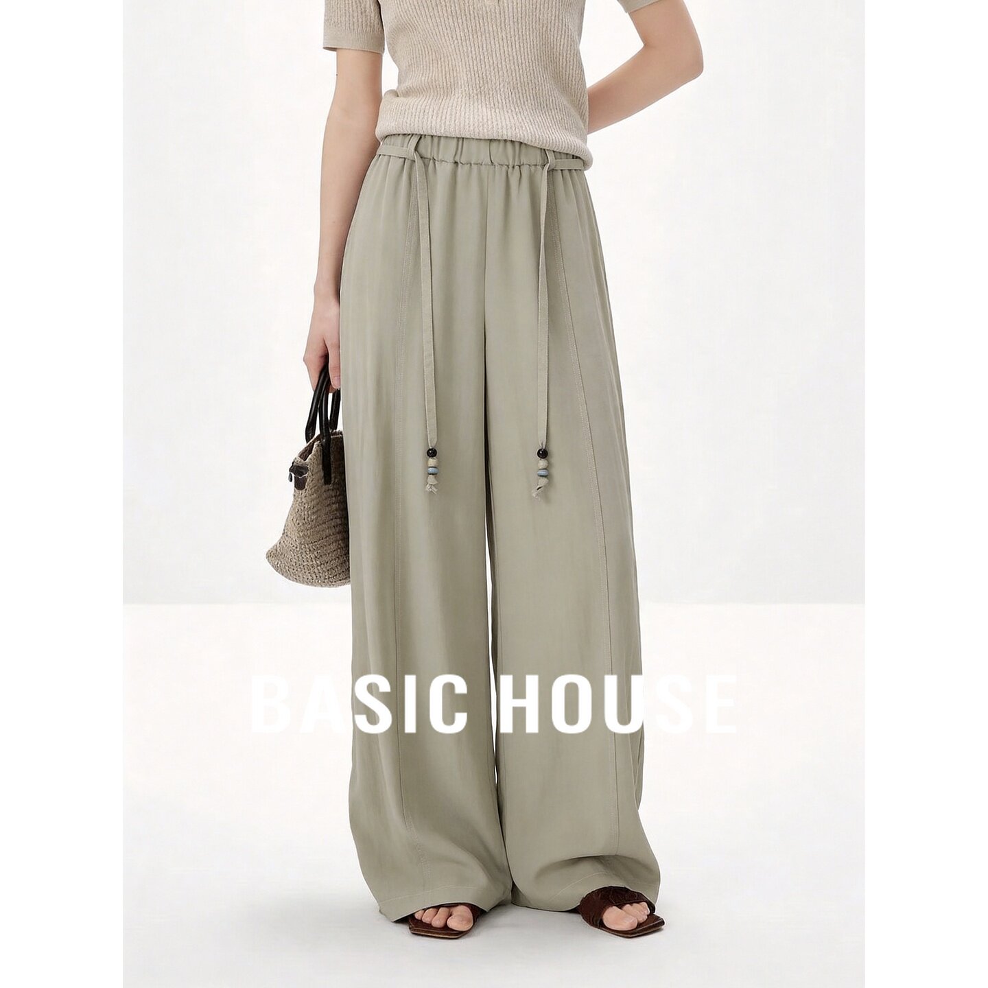 Basic House/百家好阔腿裤亚麻莱赛尔高腰宽松垂感极简韩版卡其色