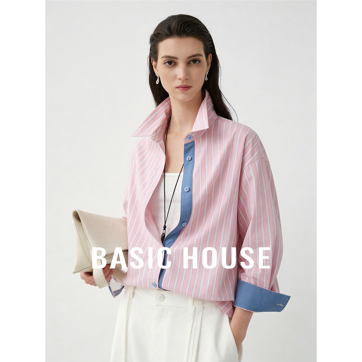Basic House/百家好粉色条纹撞色设计感长袖衬衫女春通勤百搭上衣