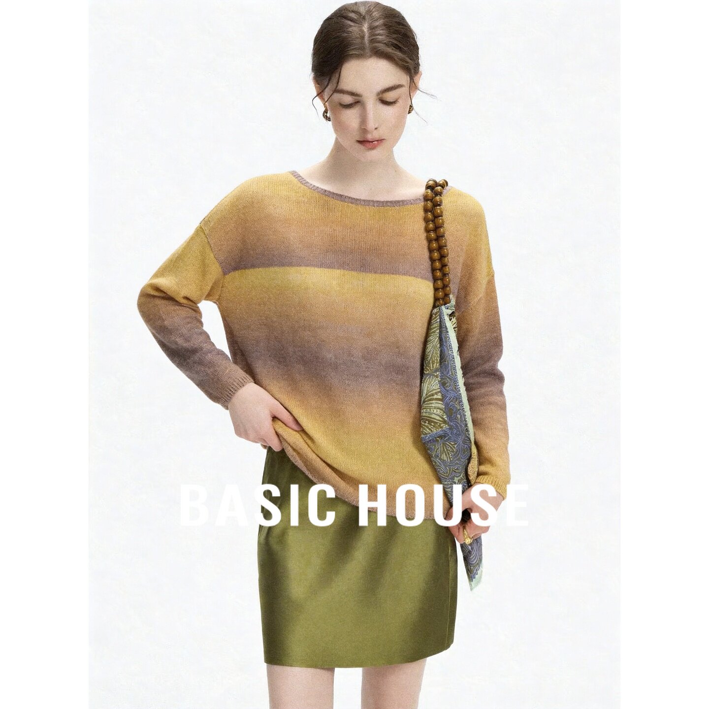 Basic House/百家好高级感渐变色圆领针织衫女秋季慵懒风套头上衣