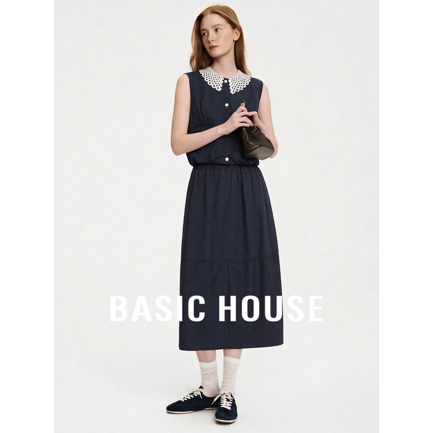 Basic House/百家好松弛感无袖娃娃领上衣A字半身裙女夏两件套装