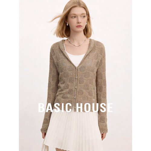 Basic House/百家好2026秋季莱赛尔卡其色镂空直筒长袖女针织开衫