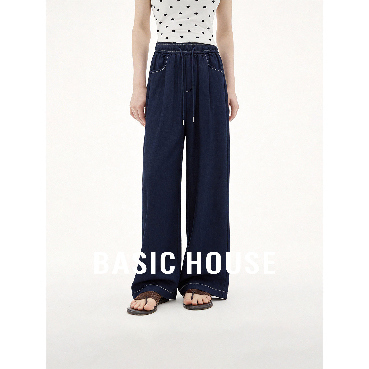 Basic House/百家好蓝色抽绳简约直筒裤女夏季舒适透气休闲长裤