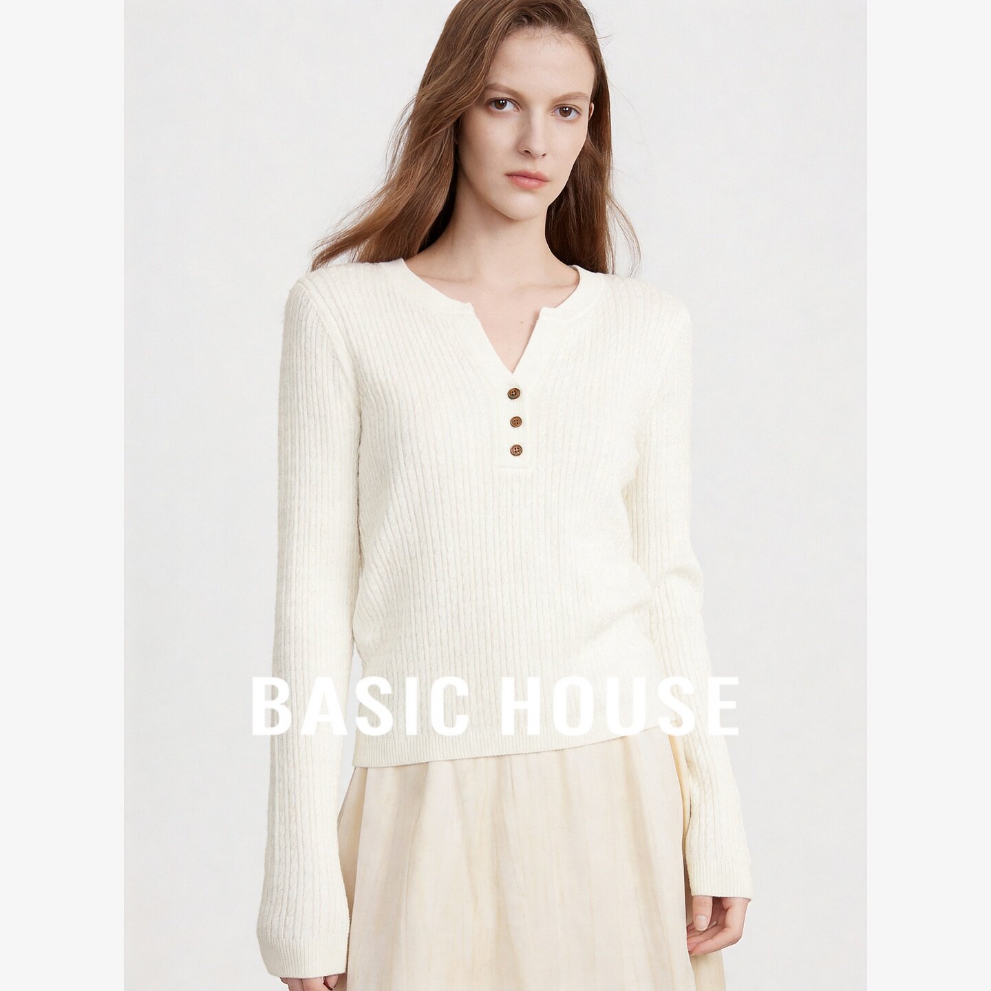 Basic House/百家好小V领长袖羊毛针织衫女装修身套头打底衫上衣