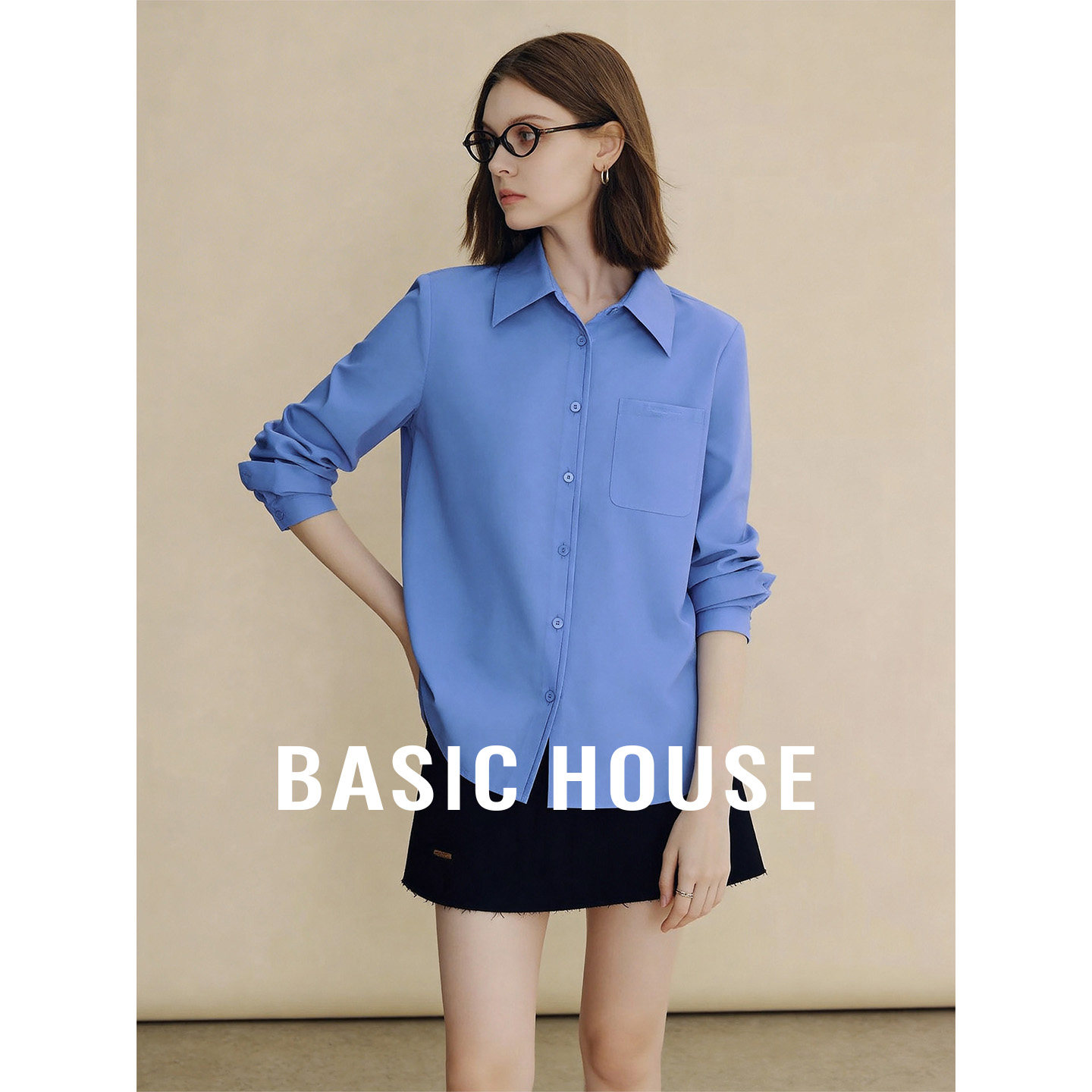 Basic House/百家好蓝色翻领基础长袖衬衫女秋季简约百搭休闲上衣