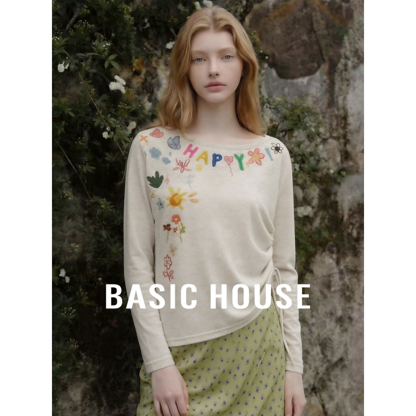 Basic House/百家好美式涂鸦长袖T恤女秋宽松慵懒风百搭罩衫上衣